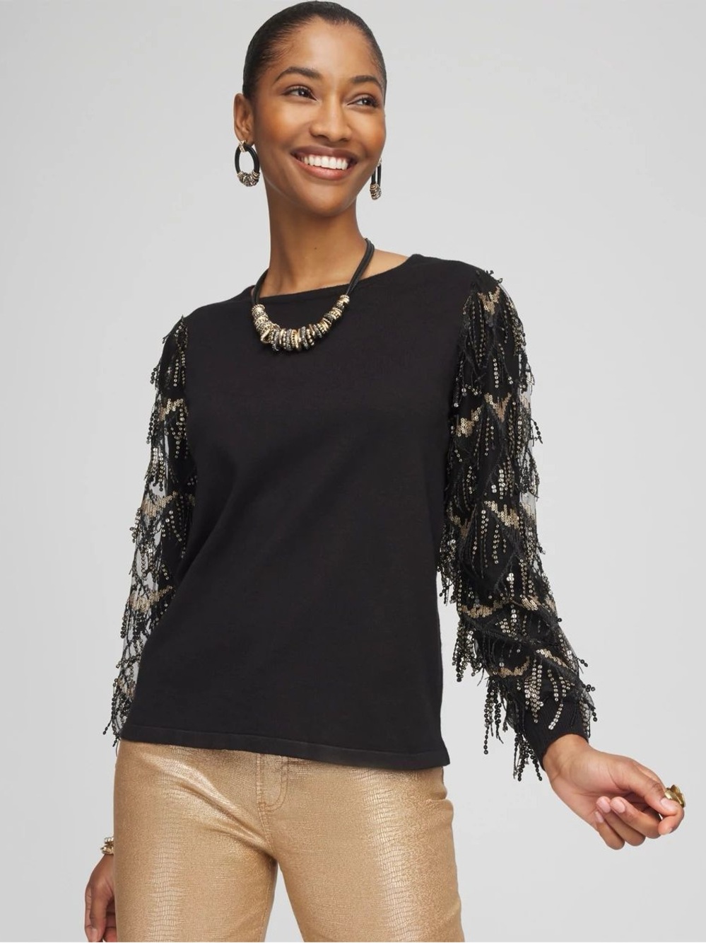 Chico’s Sequin Ruffle Pullover Sweater
